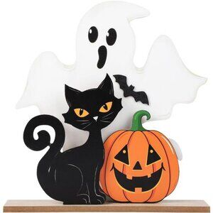 Farmhouse Halloween Decorations - Wooden Ghost & Black Cat Table Signs